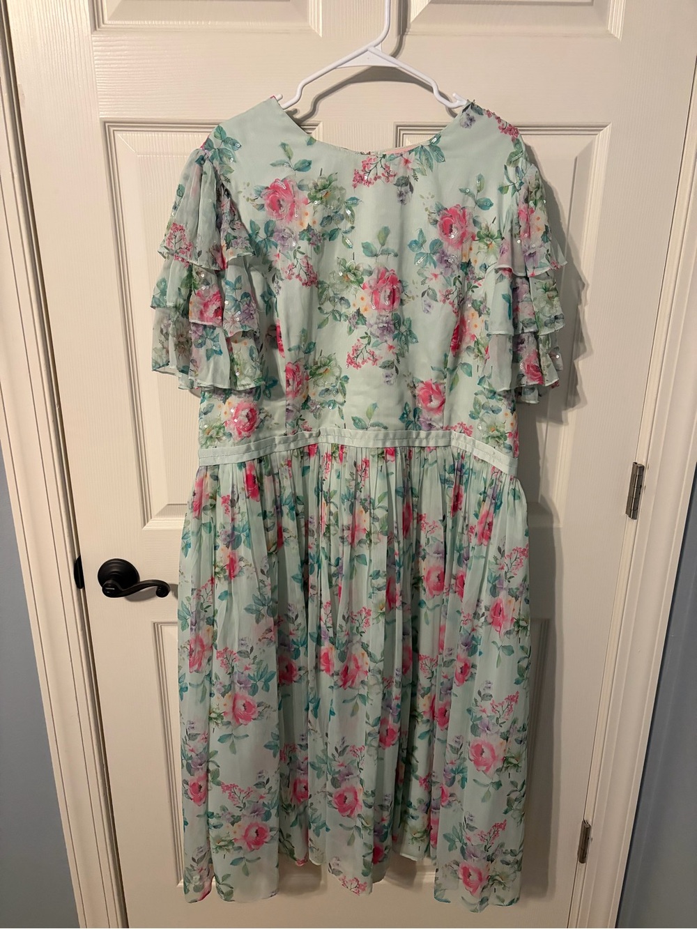 Ivy City Co Mint Floral Ruffle-Sleeve Midi Dress with Pink Roses